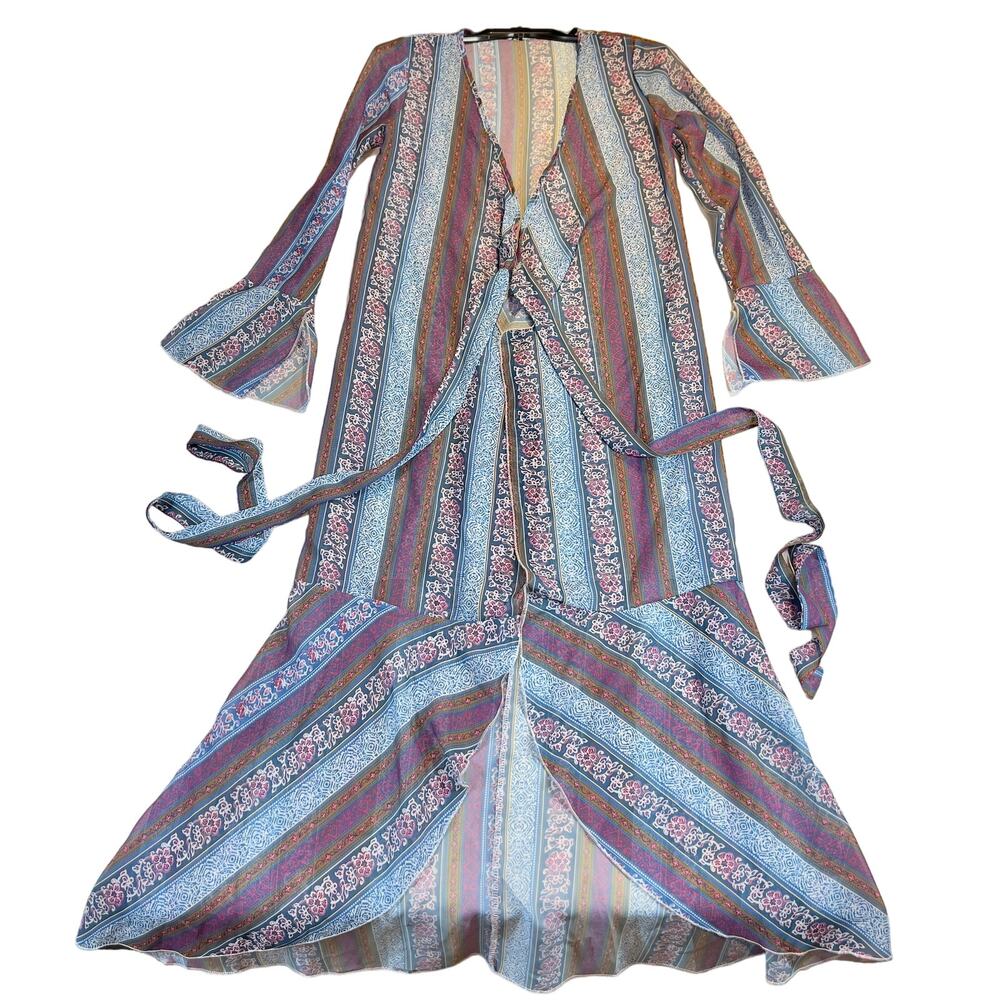 Womens Boho Maxi Dress Striped Floral Bell Sleeve Tie Waist Festival Hippie